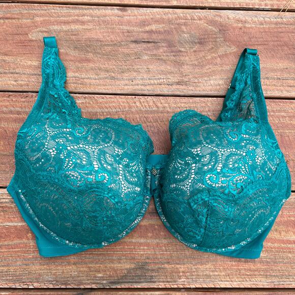 ThirdLove 24/7 Plunge Bra 40E Green Lace Contour Teal Gold Details NWOT - Picture 1 of 9
